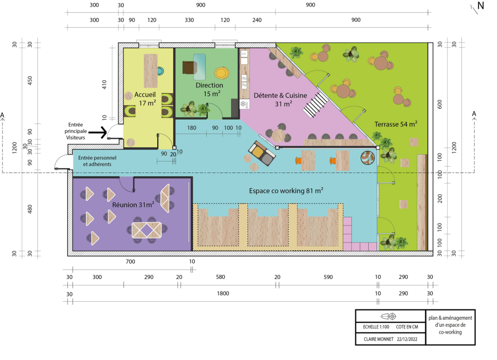plan aménagé colorisé mobilier surface fonction cotes orientation  zone de circulation espace coworking terrasse aménagée salle de réunion salle de pause bureau direction espace de travail bureau accueil
